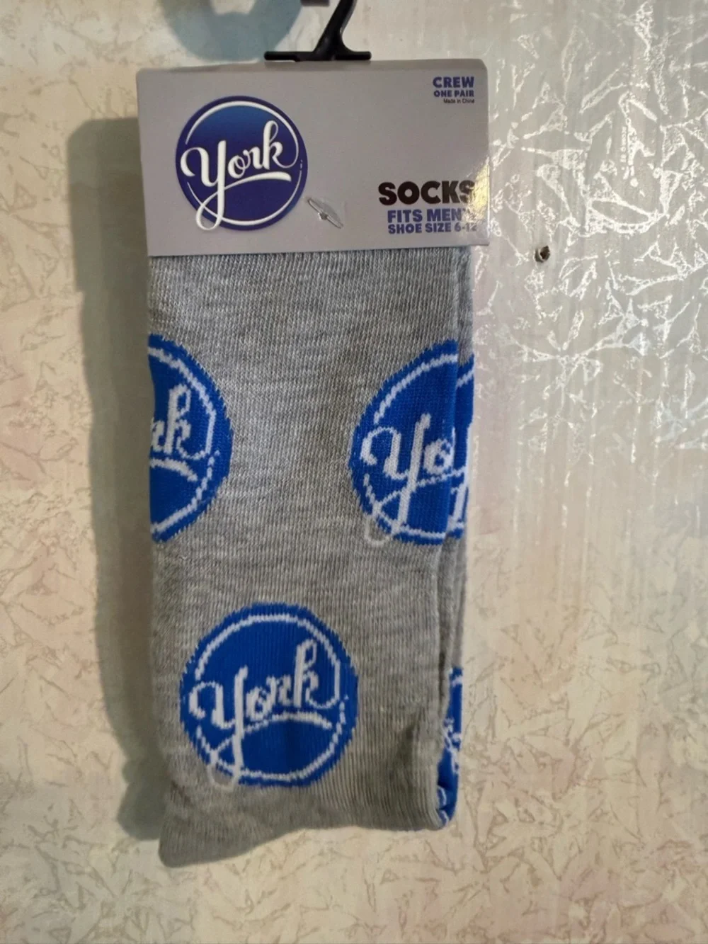 Peppermint Patties Gray Crew Socks with Blue Logo Circles, Get the Sensation!